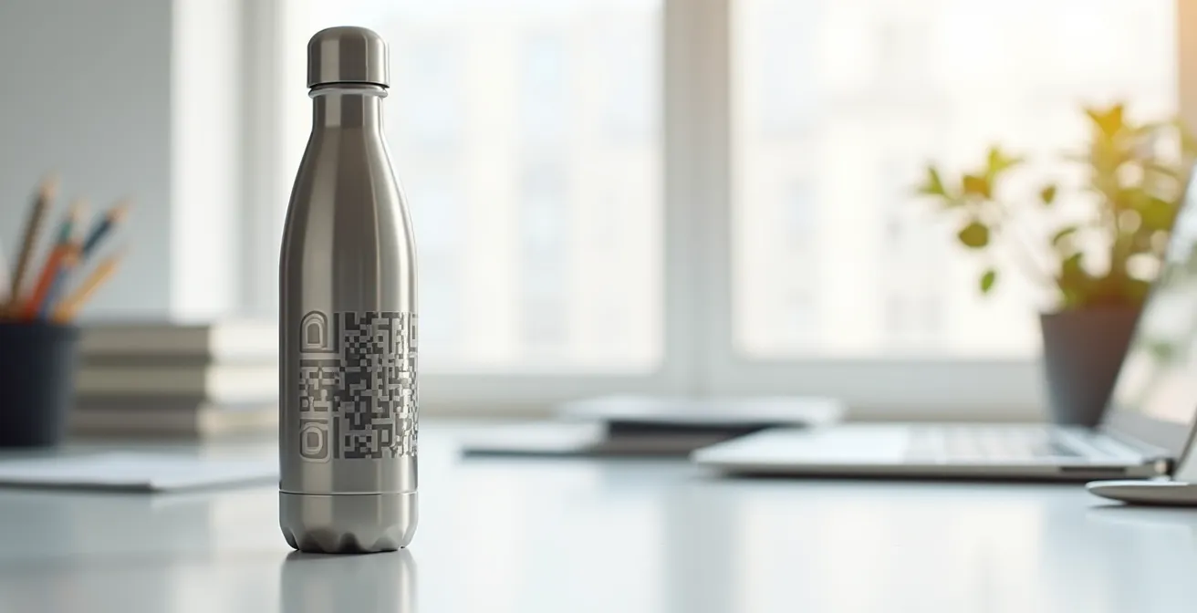 Objet promotionnel moderne avec intégration élégante d'un QR code sur surface métallique