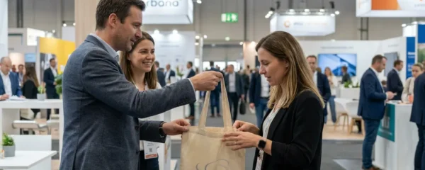 Échange de goodies personnalisés entre exposant et visiteur sur un salon professionnel suisse