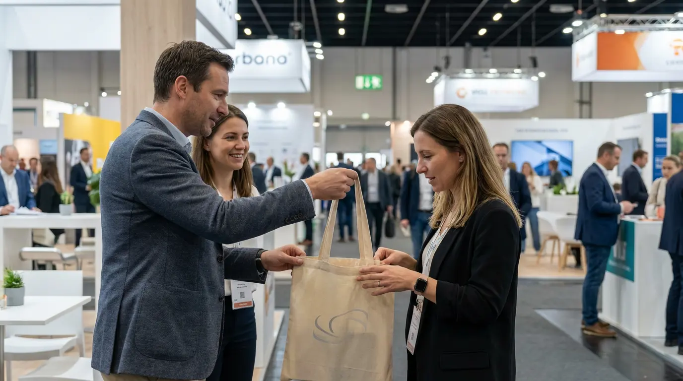 Échange de goodies personnalisés entre exposant et visiteur sur un salon professionnel suisse