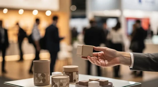 Stand de salon professionnel avec objets publicitaires soigneusement disposés sur un comptoir épuré, main tendue offrant un goodies à un visiteur dans une ambiance lumineuse et professionnelle