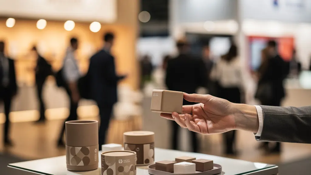 Stand de salon professionnel avec objets publicitaires soigneusement disposés sur un comptoir épuré, main tendue offrant un goodies à un visiteur dans une ambiance lumineuse et professionnelle