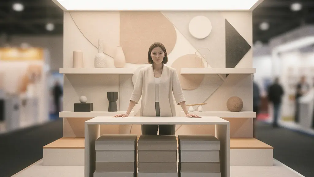 Espace de stand compact et bien organisé lors d'un salon professionnel avec mobilier astucieux et rangements intégrés optimisant chaque centimètre carré