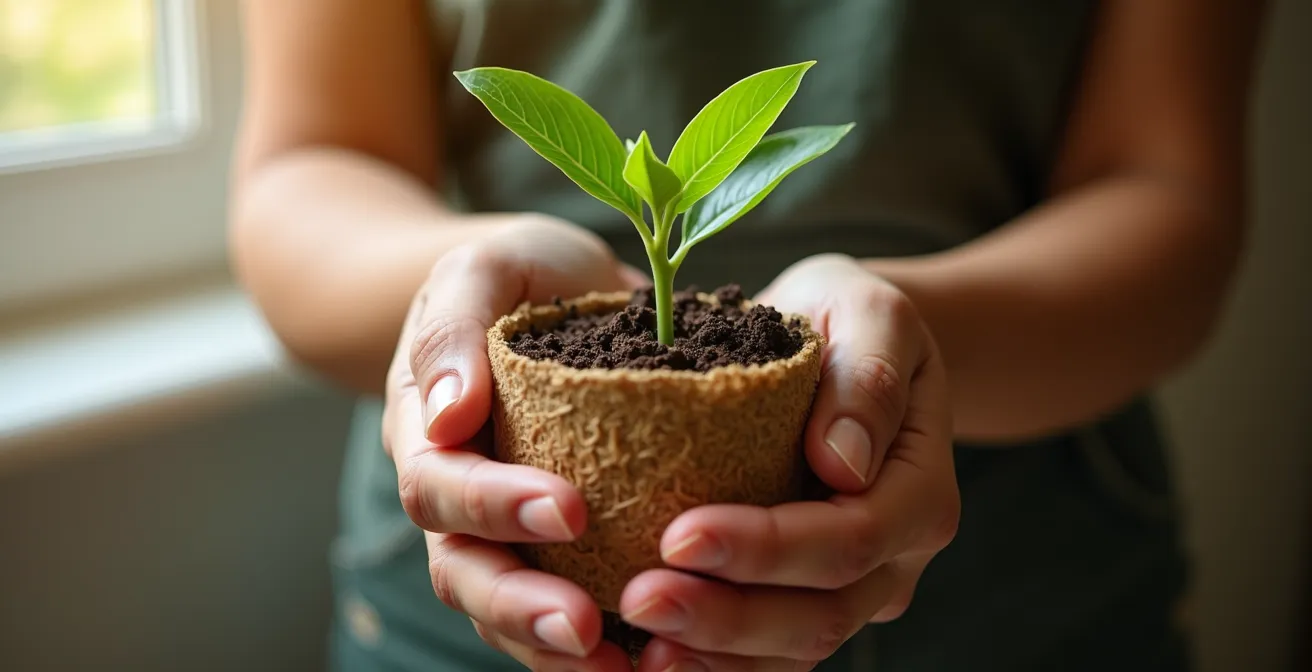 Mains tenant délicatement une jeune pousse verte sortant d'un pot en matériaux recyclés