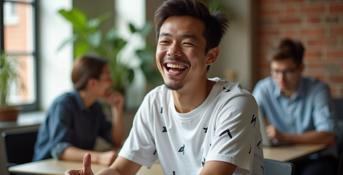 Personne portant un t-shirt minimaliste avec un motif géométrique abstrait dans un espace de coworking lumineux