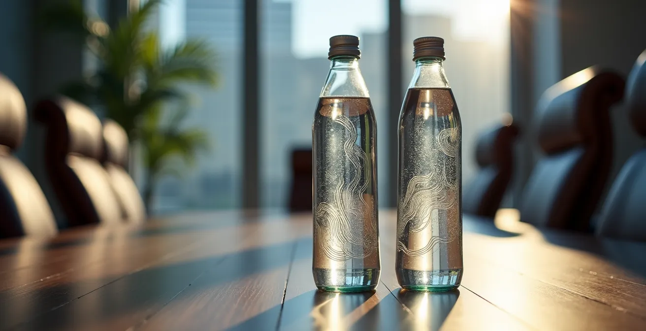 Bouteilles d'eau en verre design disposées sur une table de réunion moderne