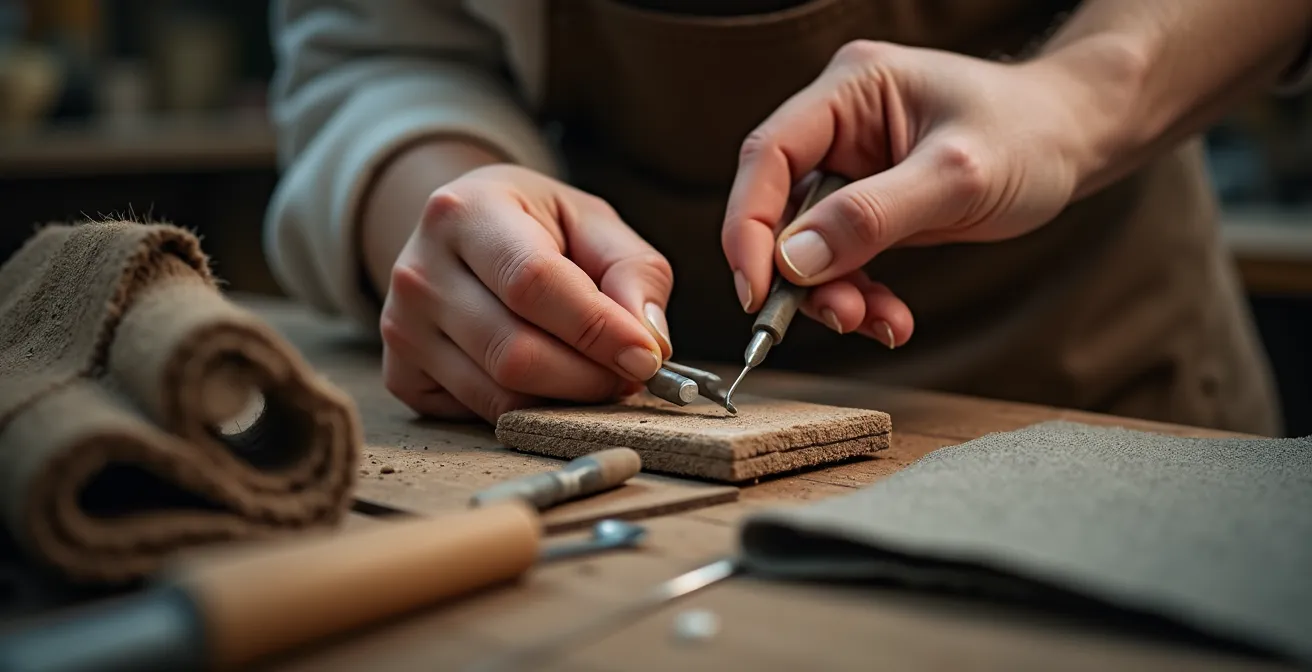 Macro photo de mains d'artisan travaillant sur un produit manufacturé