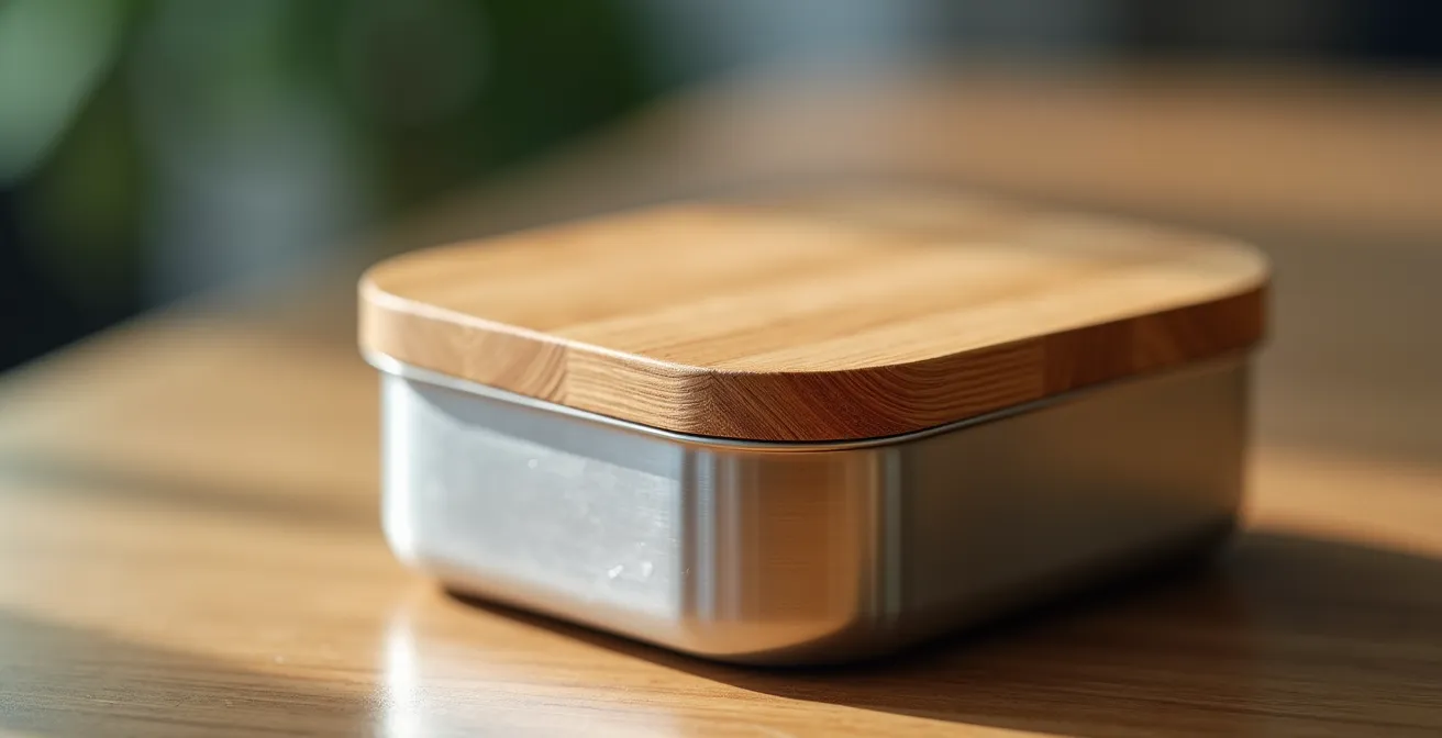 Lunch box française élégante en bambou et inox sur un bureau moderne