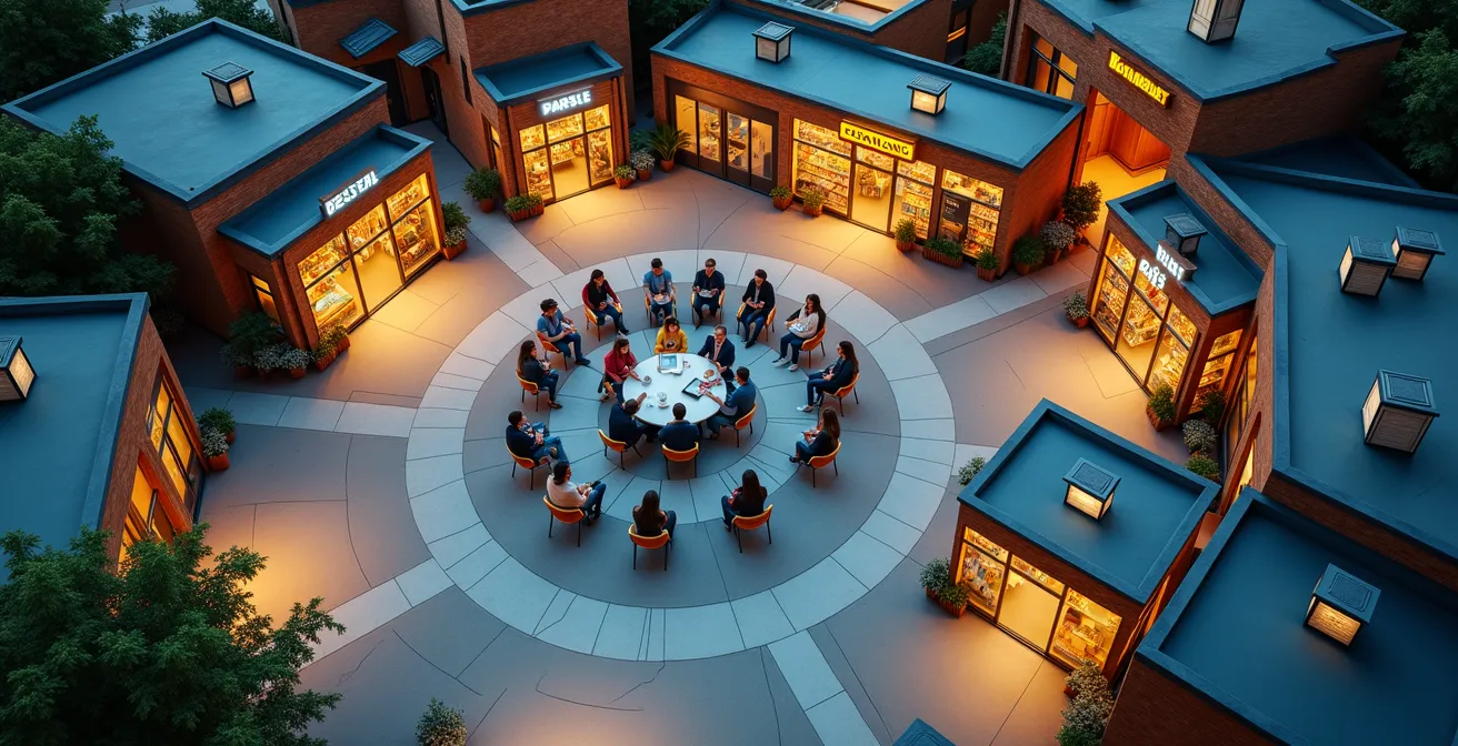 Vue aérienne d'entreprises locales interconnectées formant un réseau collaboratif